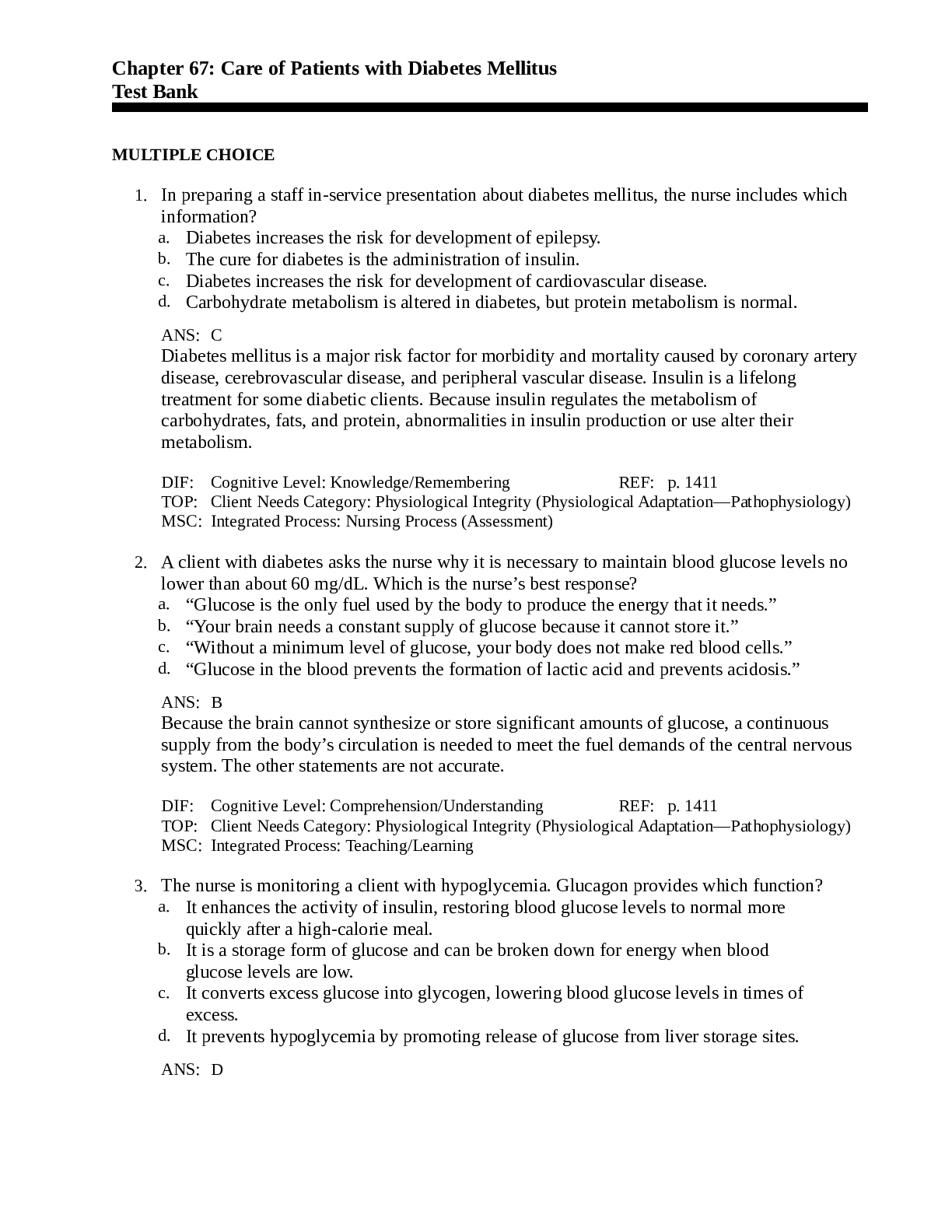 Preview image for Chapter 67: Care of Patients with Diabetes Mellitus Test Bank